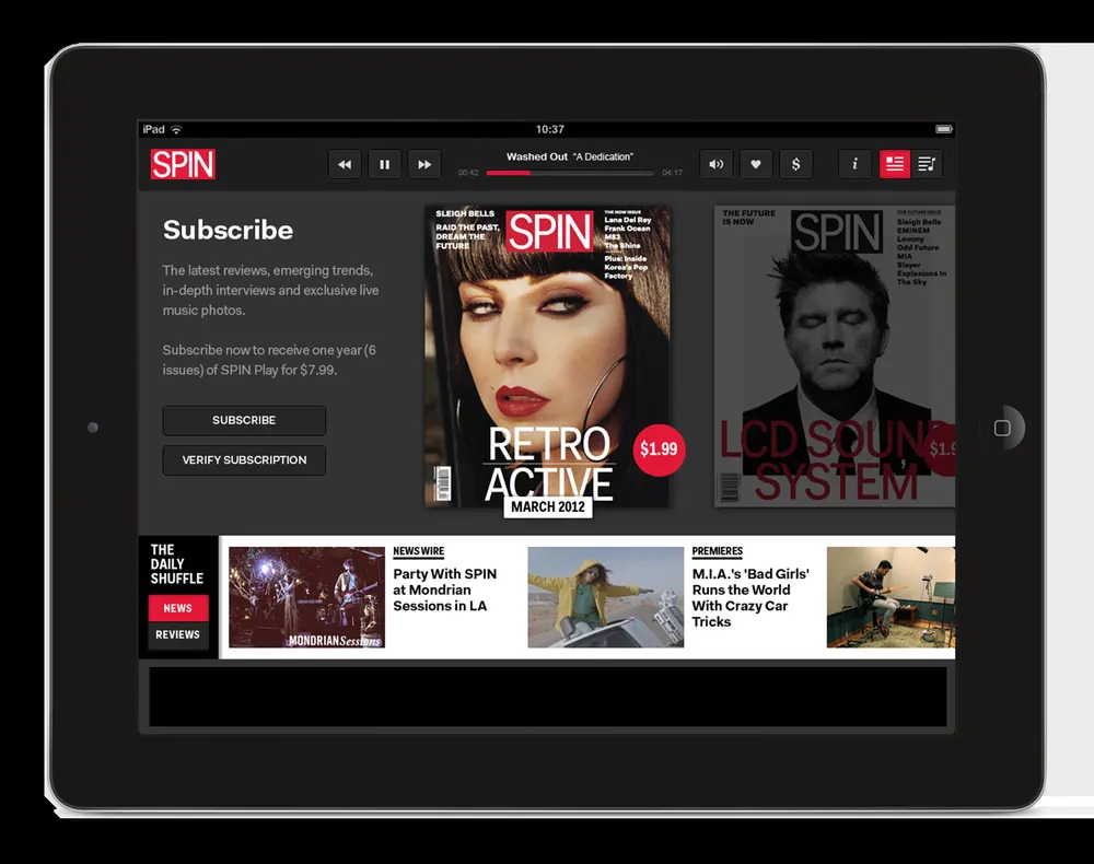 SPIN Play iPad App — song streams, video, daily news
